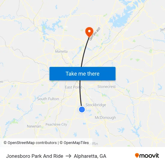 Jonesboro Park And Ride to Alpharetta, GA map