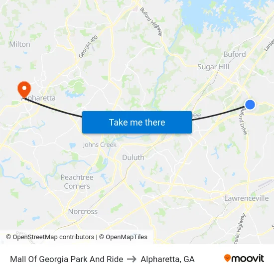 Mall Of Georgia Park And Ride to Alpharetta, GA map