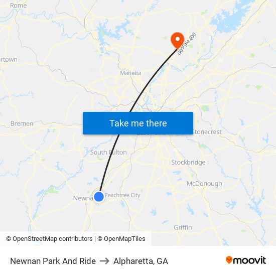 Newnan Park And Ride to Alpharetta, GA map