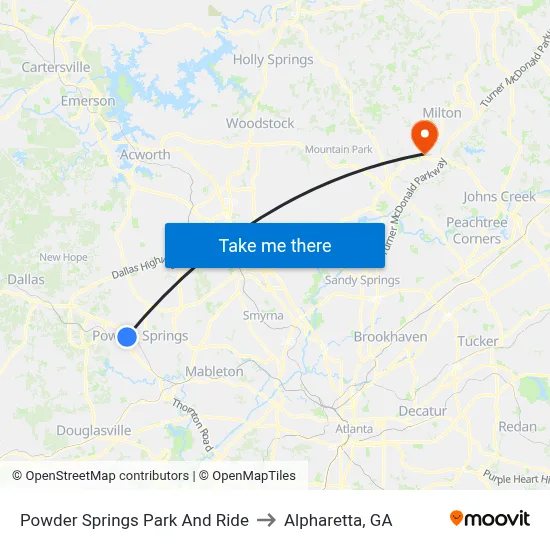 Powder Springs Park And Ride to Alpharetta, GA map