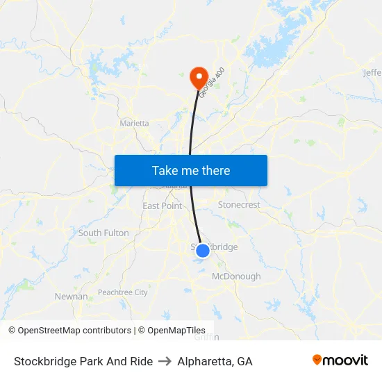 Stockbridge Park And Ride to Alpharetta, GA map