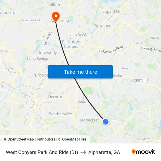 West Conyers Park And Ride (Dt) to Alpharetta, GA map