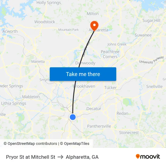 Pryor St at Mitchell St to Alpharetta, GA map
