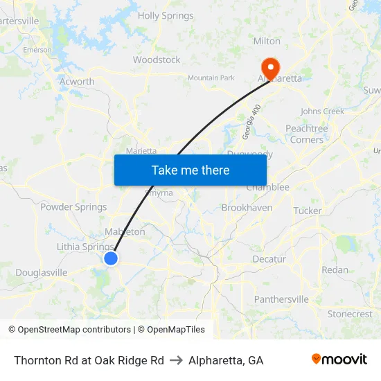 Thornton Rd at Oak Ridge Rd to Alpharetta, GA map