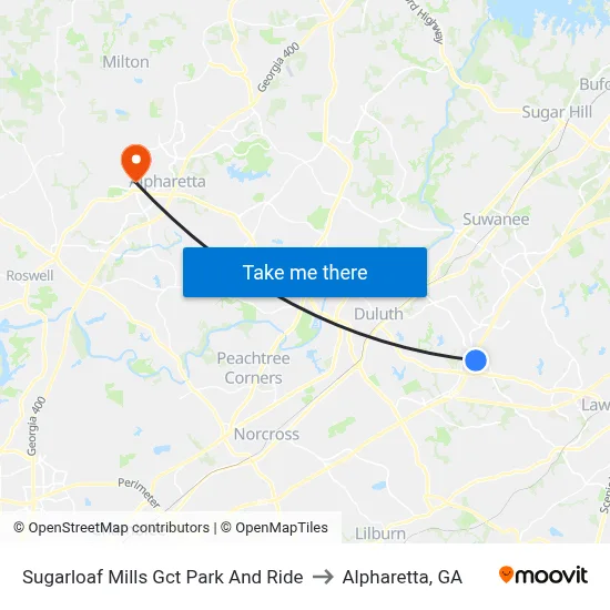 Sugarloaf Mills Gct Park And Ride to Alpharetta, GA map