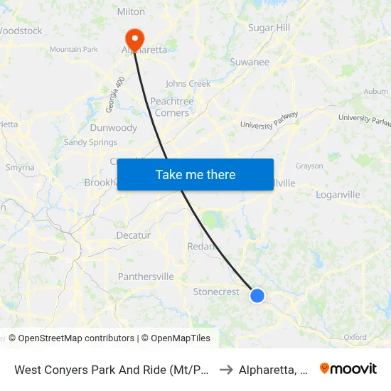 West Conyers Park And Ride (Mt/Peri) to Alpharetta, GA map