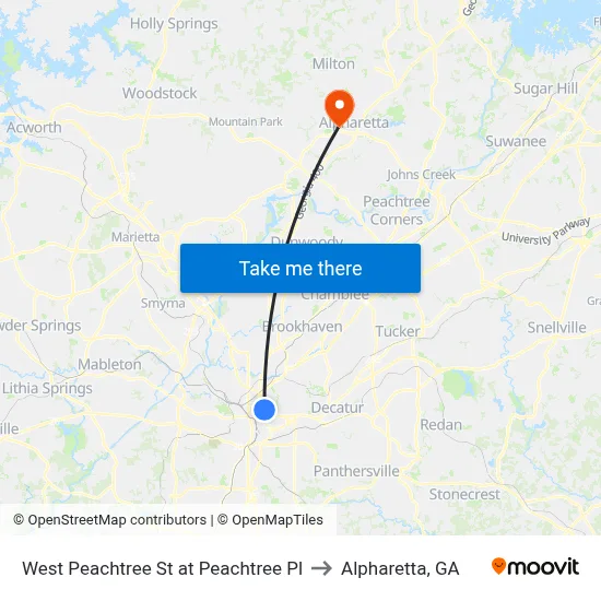 West Peachtree St at Peachtree Pl to Alpharetta, GA map