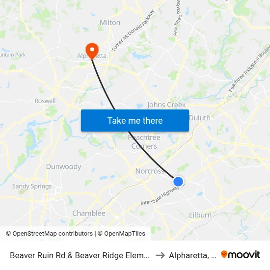 Beaver Ruin Rd & Beaver Ridge Elementary to Alpharetta, GA map