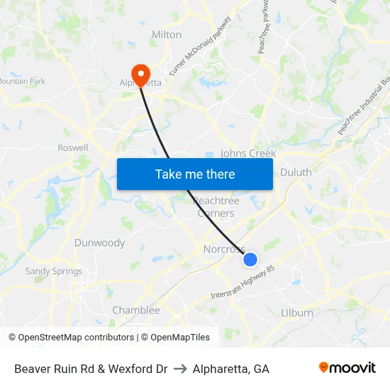 Beaver Ruin Rd & Wexford Dr to Alpharetta, GA map