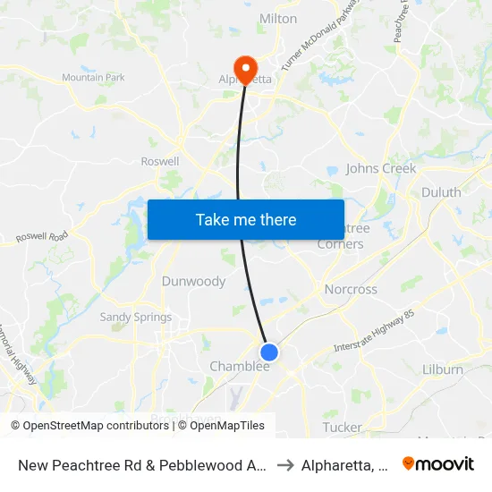 New Peachtree Rd & Pebblewood Apts to Alpharetta, GA map