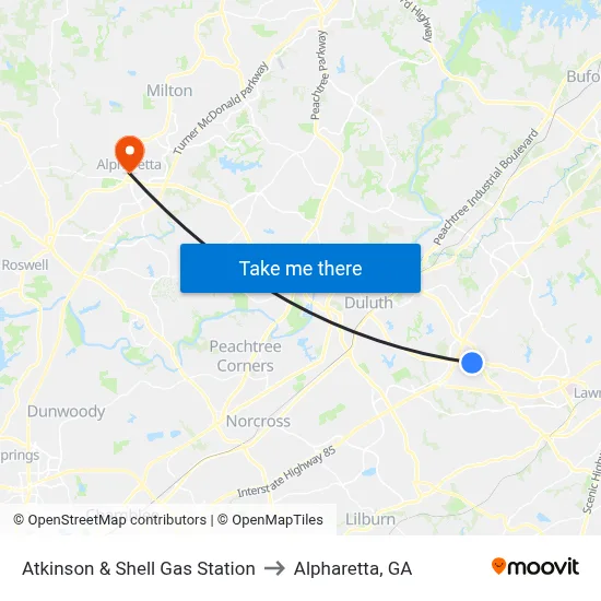 Atkinson & Shell Gas Station to Alpharetta, GA map