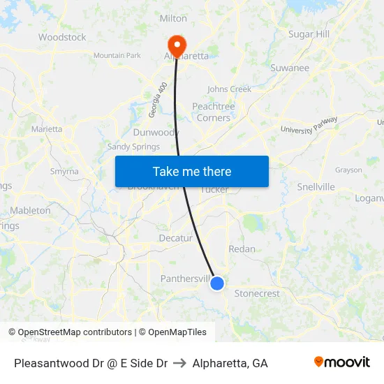 Pleasantwood Dr @ E Side Dr to Alpharetta, GA map