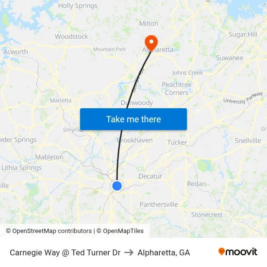 Carnegie Way @ Ted Turner Dr to Alpharetta, GA map