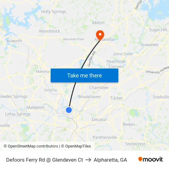 Defoors Ferry Rd @ Glendeven Ct to Alpharetta, GA map