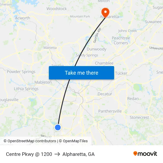Centre Pkwy @ 1200 to Alpharetta, GA map