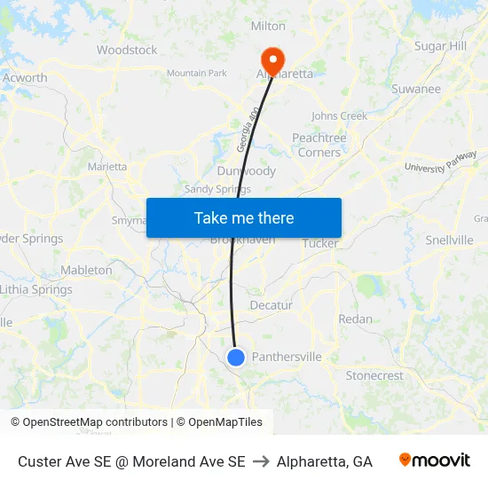 Custer Ave SE @ Moreland Ave SE to Alpharetta, GA map