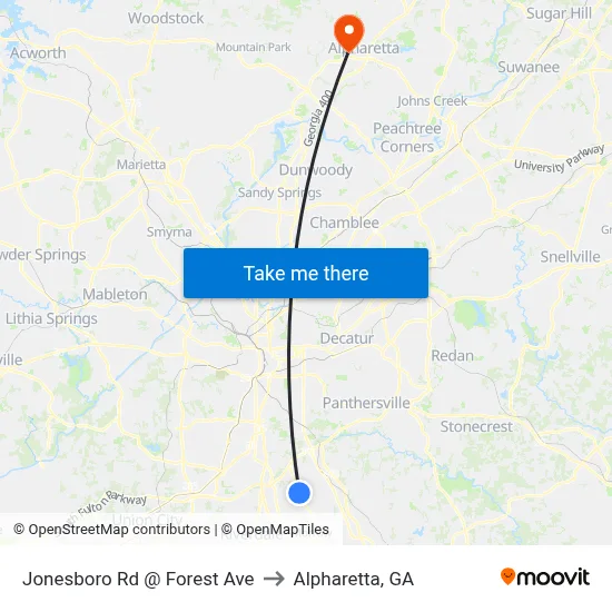 Jonesboro Rd @ Forest Ave to Alpharetta, GA map