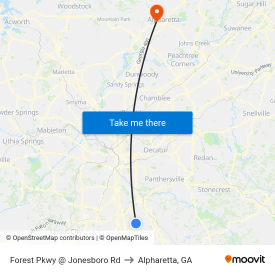 Forest Pkwy @ Jonesboro Rd to Alpharetta, GA map