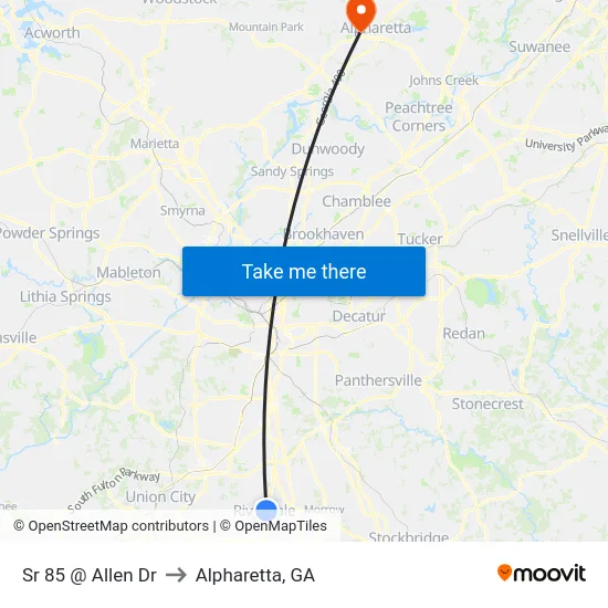 Sr 85 @ Allen Dr to Alpharetta, GA map