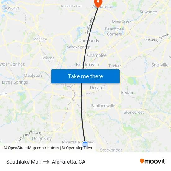 Southlake Mall to Alpharetta, GA map