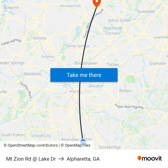 Mt Zion Rd @ Lake Dr to Alpharetta, GA map
