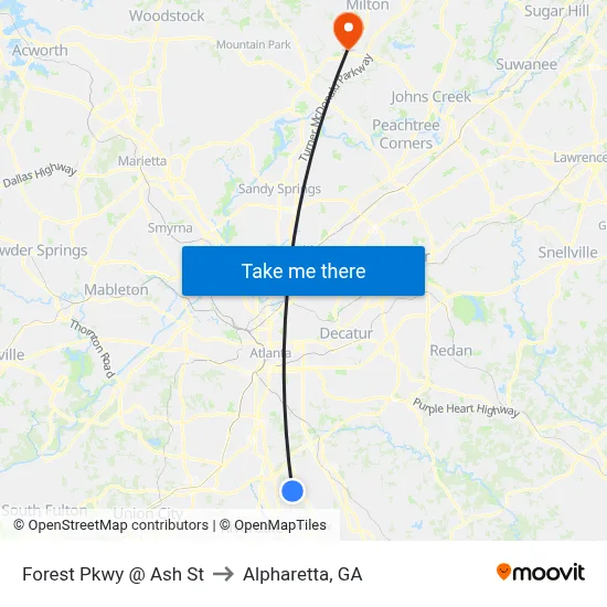 Forest Pkwy @ Ash St to Alpharetta, GA map
