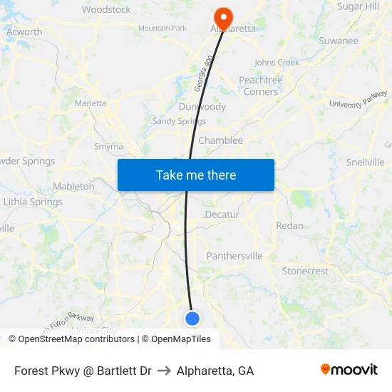 Forest Pkwy @ Bartlett Dr to Alpharetta, GA map