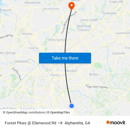 Forest Pkwy @ Ellenwood Rd to Alpharetta, GA map