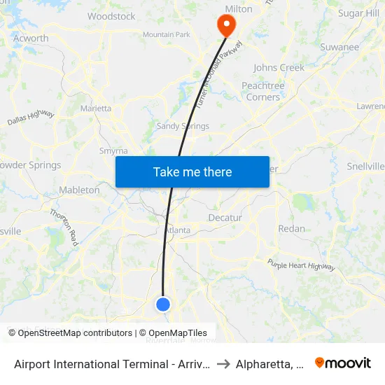 Airport International Terminal - Arrivals to Alpharetta, GA map