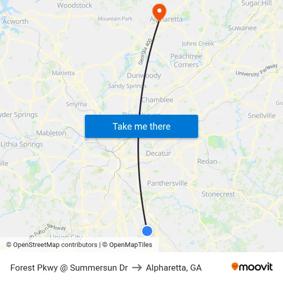 Forest Pkwy @ Summersun Dr to Alpharetta, GA map