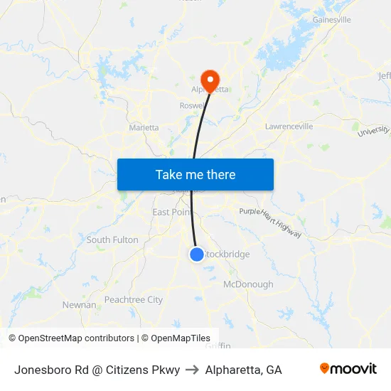 Jonesboro Rd @ Citizens Pkwy to Alpharetta, GA map
