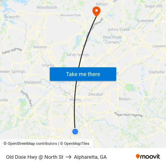 Old Dixie Hwy @ North St to Alpharetta, GA map
