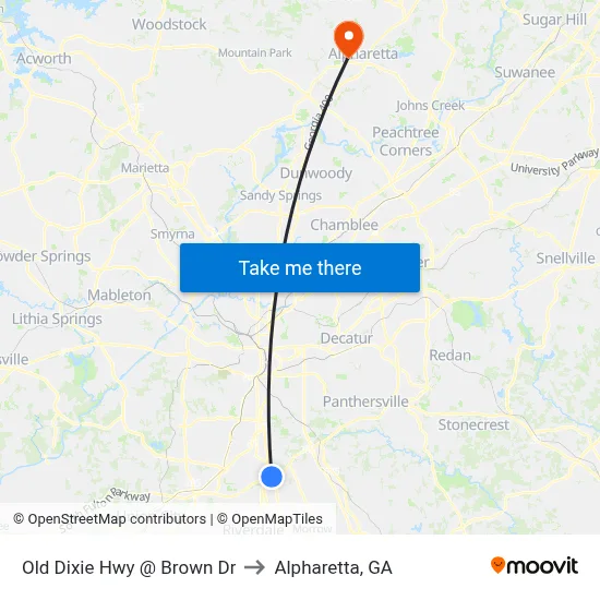 Old Dixie Hwy @ Brown Dr to Alpharetta, GA map
