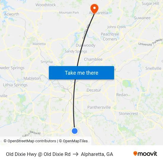 Old Dixie Hwy @ Old Dixie Rd to Alpharetta, GA map
