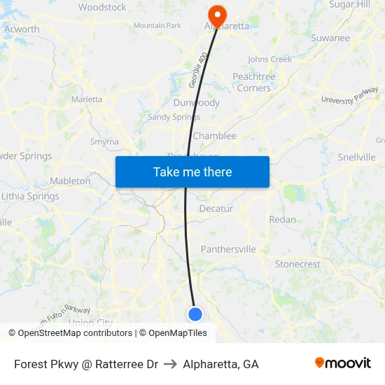 Forest Pkwy @ Ratterree Dr to Alpharetta, GA map