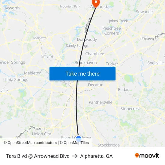 Tara Blvd @ Arrowhead Blvd to Alpharetta, GA map