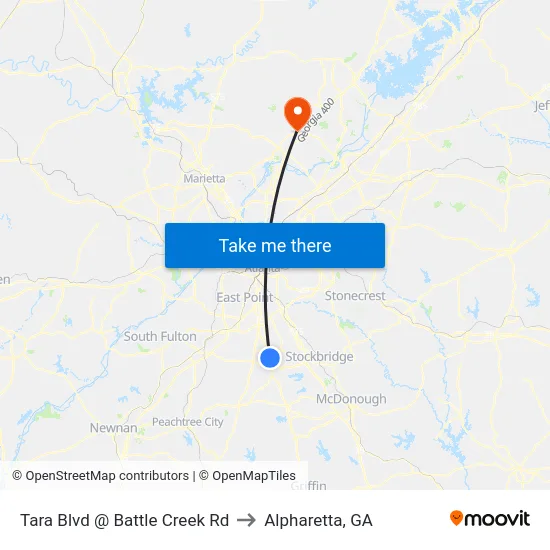 Tara Blvd @ Battle Creek Rd to Alpharetta, GA map