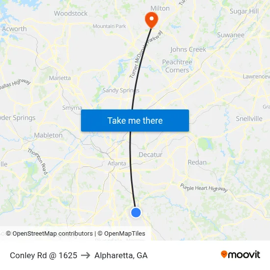 Conley Rd @ 1625 to Alpharetta, GA map