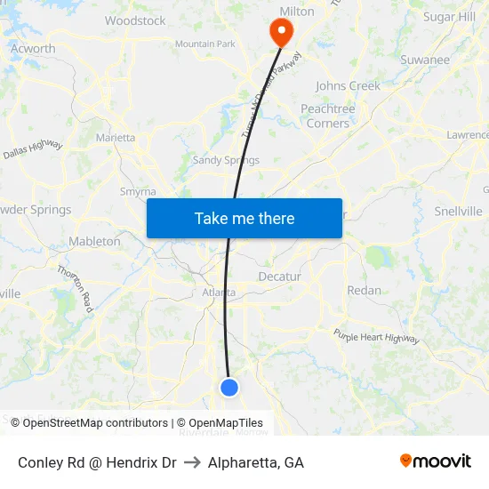 Conley Rd @ Hendrix Dr to Alpharetta, GA map