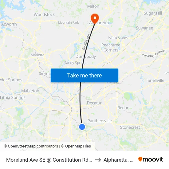 Moreland Ave SE @ Constitution Rd SE to Alpharetta, GA map