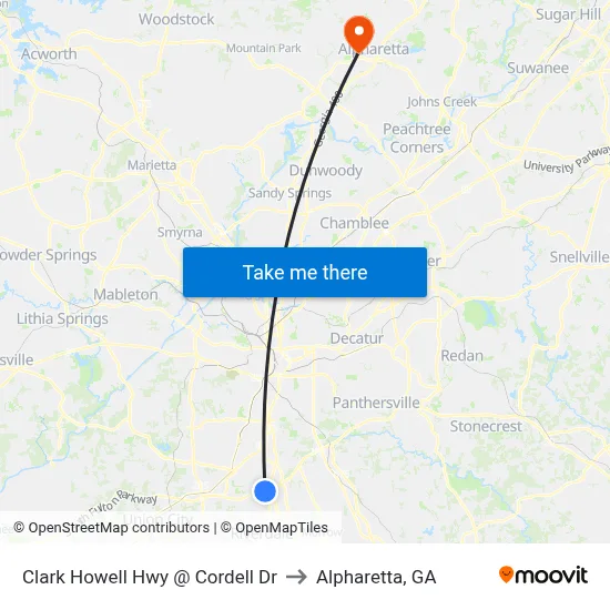 Clark Howell Hwy @ Cordell Dr to Alpharetta, GA map