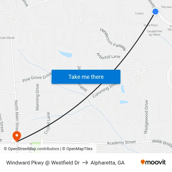 Windward Pkwy @ Westfield Dr to Alpharetta, GA map