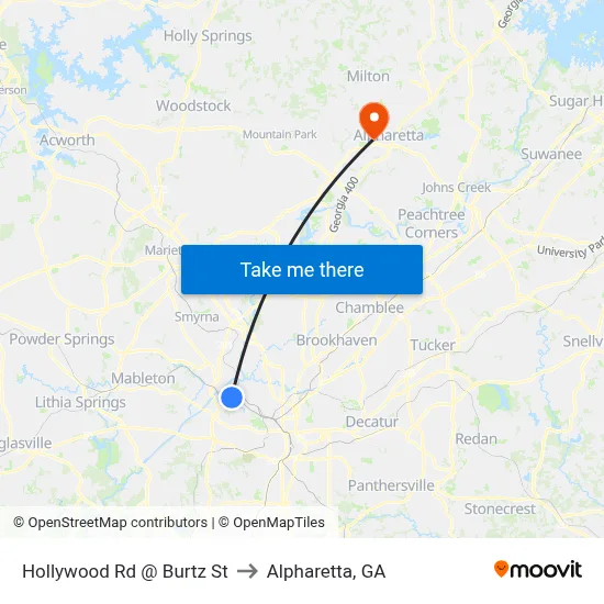 Hollywood Rd @ Burtz St to Alpharetta, GA map