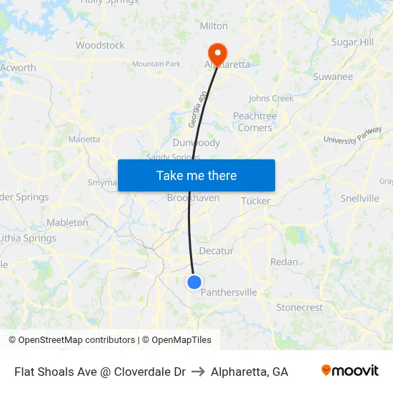 Flat Shoals Ave @ Cloverdale Dr to Alpharetta, GA map