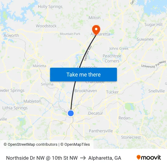 Northside Dr NW @ 10th St NW to Alpharetta, GA map