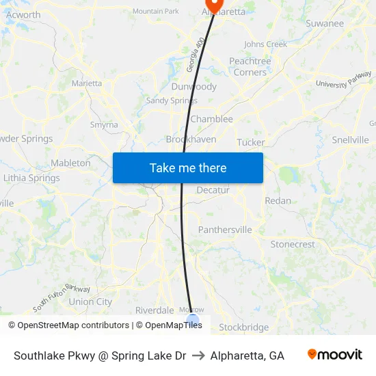 Southlake Pkwy @ Spring Lake Dr to Alpharetta, GA map