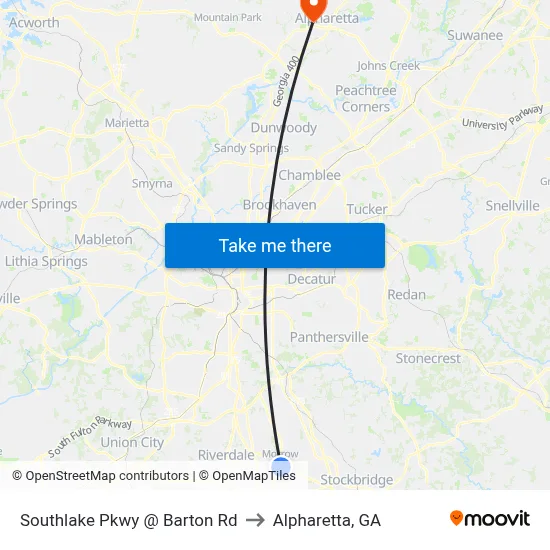 Southlake Pkwy @ Barton Rd to Alpharetta, GA map