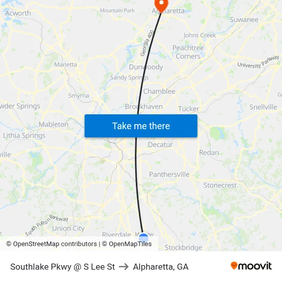 Southlake Pkwy @ S Lee St to Alpharetta, GA map