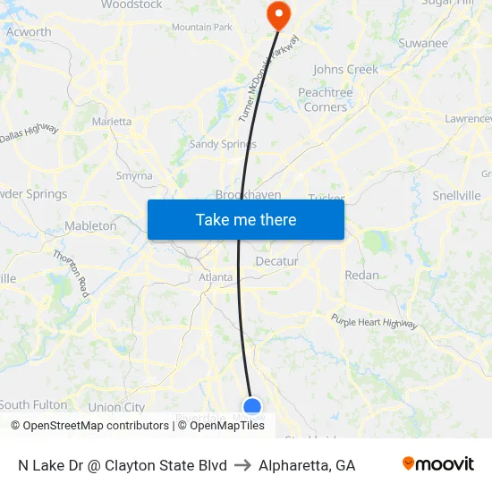N Lake Dr @ Clayton State Blvd to Alpharetta, GA map