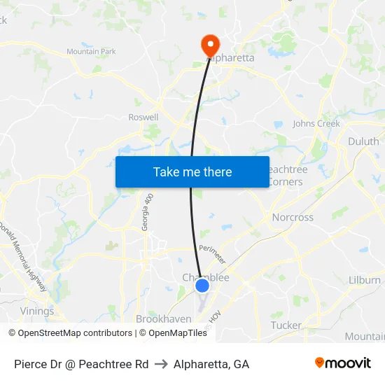 Pierce Dr @ Peachtree Rd to Alpharetta, GA map